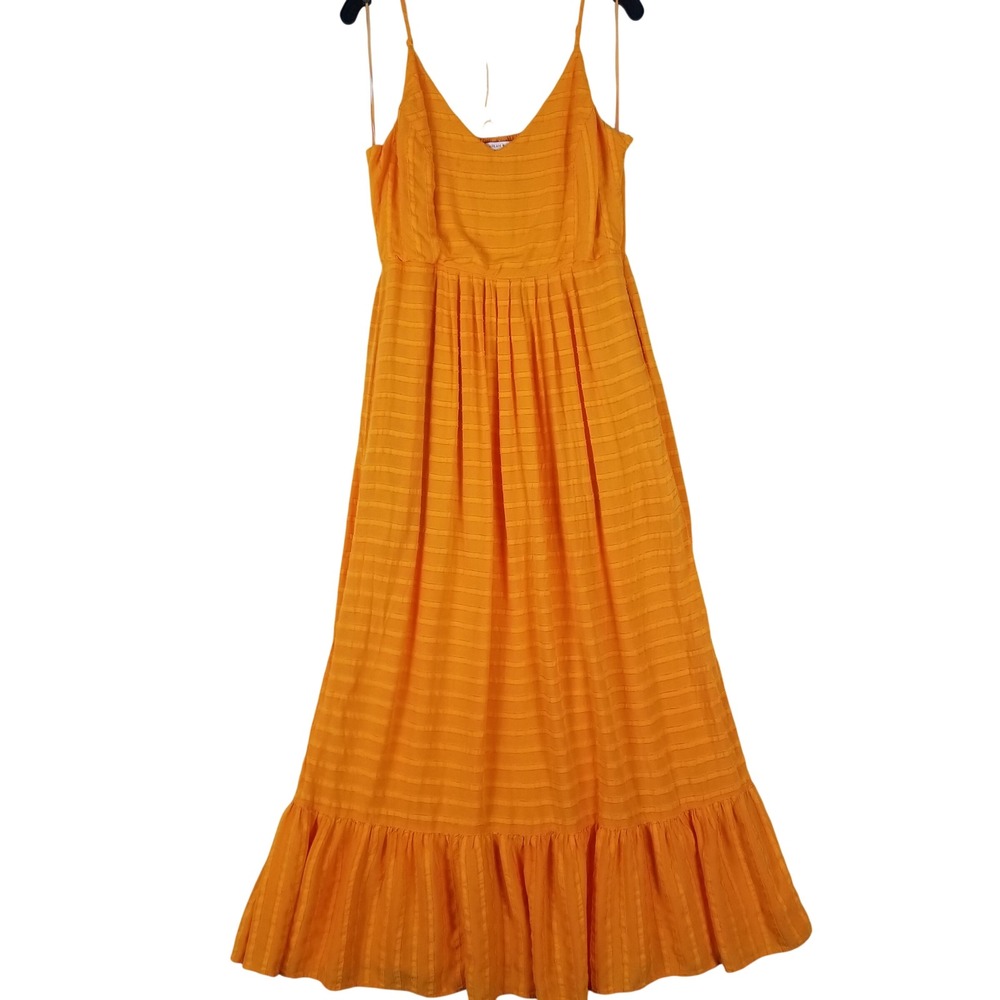 Skies Are Blue Orange‎ Striped Maxi Dress V-Neck Smocked Back Ruffle Hem Sz  L